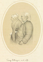 Early 19th -century print of older white couple in left profile, arms linked. Woman wears shawl and bonnet. Long-haired man wears coat and vest.